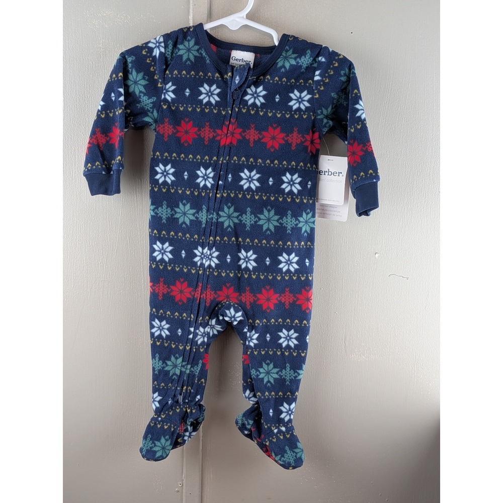 Gerber Just Born Baby Fleece Footed Pajama Navy Fair Isle Snowflake 3-6 Months